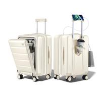 ISLAND ELEPHANT Carry on Check Luggage with Laptop Compartment - Front Pocket Hardside Travel Suitcase Unbreakable -with Cup Holder,Charging Port,Side Pothook, 360°Spinner Wheels,TSA Lock, Milky White