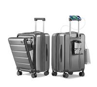 ISLAND ELEPHANT Expandable 20Inch Carry On Luggage Airline Approved - Front Pocket Hardside Travel Suitcase Unbreakable -with Cup Holder,USB Charge,Side Pothook, 360°Spinner Wheels, TSA Lock, Grey, 20