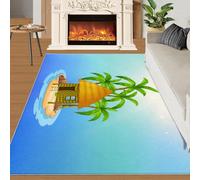 Island Hut Rug Natural Plant Coconut Tree Rugs for Bedroom Minimalist Blue Ocean 150x240 Rug Ocean Island Carpet Machine Washable Non Slip Carpet for High-Traffic Area