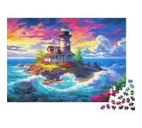 Island Lighthouse 1000 Piece Jigsaw Puzzle Raging Waves Premium Thick Cardboard Precision-cut Interlocking Pieces 52x38cm/1000pcs