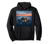 Island Lighthouse at Sunset Coastal Ocean Landscape Scene Pullover Hoodie