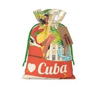 (island of cuba) Printed Christmas M Size Gift Bags with Green Ribbon Drawstring Candy Bags for Kids Xmas Holiday Christmas Eve Presents