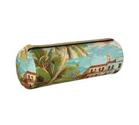 Island of Cuba Printed Leather Pencil Case Round Pen Pencil Pouch Office Large Pencil Bag Stationery Box for Men Women Teens Students