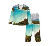 Island Of Cuba Women'S Long Sleeved Pajama Set Top And Pants Loungewear Nighttime Sleep Black