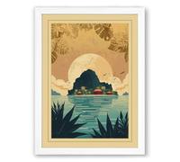 Island Under Moon Japandi Framed Wall Art Print A4 (29.7×21cm) White, Wall Decor for Living Room, Bedroom, Office & Home, Ready to Hang, Art Gift