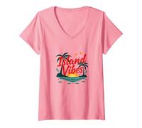 Island Vibes Only: Tropical Paradise Sunset Getaway V-Neck T-Shirt, Women, Pink, XXL