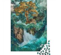 Island Waterfall Painting Art Print Jigsaw Puzzle for Adults, 1000 Pieces, 38x26cm/1000pcs, Smooth White Cardboard Pieces; A Calm After-work Activity