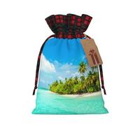 (Island With Sandy Beach And Palm Tree) Christmas Drawstring Gift Bags, Reusable Buffalo Plaid Drawstring Wrapping Bags For Xmas Party Supplies M