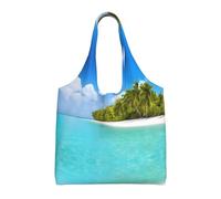 Island with Sandy Beach and Palm Tree Print Canvas Tote Bags for Women Reusable Grocery Bag Large Gym Canvas Cloth Pouchportable Shopping Handbag