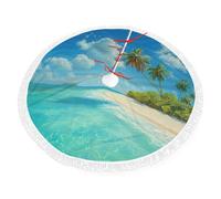 Island with Sandy Beach and Palm Tree Print Christmas Tree Skirt 48 inch, Xmas Tree Skirts Mat with Fringe Border for Christmas Holiday Party Decorations