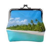 Island with Sandy Beach and Palm Tree Print Full Double-Sided Printed Pattern Women's and Girls' Fashionable Leather Kiss Lock Coin Purse Card Bag