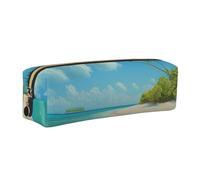 Island with Sandy Beach and Palm Tree Print Leather Pencil Case Portable Stationery Bag Pencil Pouch Slim Design Pen Bag with Gold Zipper Pocket Size for or Student Office College Middle School
