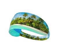 Island With Sandy Beach And Palm Tree Print Non-Slip Elastic Running Headband, Sweat Absorbing Stretchy Hair Bands For Gym Yoga, Soft Skin-Friendly Foldable Workout Headband