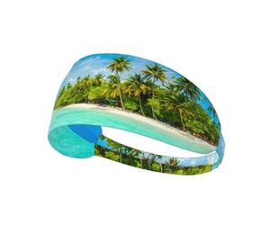 Island With Sandy Beach And Palm Tree Print Non-Slip Elastic Running Headband, Sweat Absorbing Stretchy Hair Bands For Gym Yoga, Soft Skin-Friendly Foldable Workout Headband