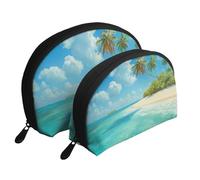 Island with Sandy Beach and Palm Tree Print Shell-Shaped 2-Piece Makeup Bag Set Travel Cosmetic Organiser Stylish Storage for Beauty & Gifts for Women Girls