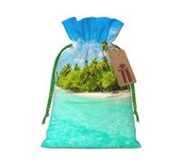 (Island with Sandy Beach and Palm Tree) Printed Christmas M Size Gift Bags with Green Ribbon Drawstring Candy Bags for Kids Xmas Holiday Christmas Eve Presents