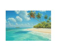 Island with Sandy Beach and Palm Tree Printed Jigsaw Puzzle 14.4x9.8 CM, Rectangular Puzzle Challenging Game for Adults Gifts, Family Fun Decorative Wall Decor