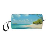 Island with Sandy Beach and Palm Tree Printed Makeup Bag with Handle, Lightweight Portable Cosmetic Organiser for Travel, Gym & Daily Use - Gift for Women Girls