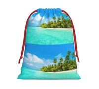 Island With Sandy Beach And Palm Tree Printing Drawstring Gift Bag With Red Ribbon Soft Stylish For Christmas Halloween Fits Card Candies