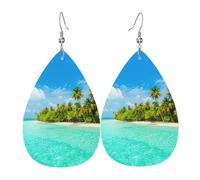 Island With Sandy Beach And Palm Tree Teardrop Leather Earrings Ladies Print Pendant With Hook Fashion Vintage Party Daily Wear