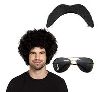 Islander Fashions Adults 80s Black Afro Wig Moustache and Sunglasses Fancy Dress Party Accessory (U37556+U09723+2831G)
