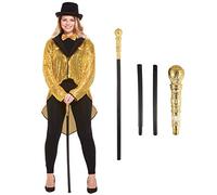 Islander Fashions Gold Sequin Tailcoat Hat Stick Set Cabaret Fancy Dress Circus Ringmaster Costume Womens Set One Size