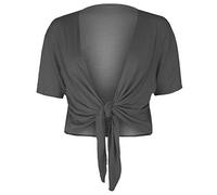 Islander Fashions Womens Plain Short Sleeves Tie up Cardigan Ladies Stretchy Open Front Shrug Top Dark Grey XLarge UK 16-18