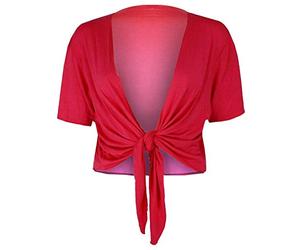 Islander Fashions Womens Plain Short Sleeves Tie up Cardigan Ladies Stretchy Open Front Shrug Top Red Medium/Large UK 12-14