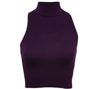Islander Fashions Womens Sleeveless Polo Turtle Neck Cropped T Shirt Ladies Fancy Party Crop Top Purple Medium/Large