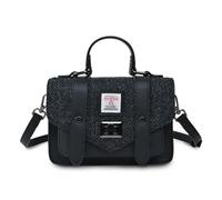 Islander Harris Tweed Mini Satchel, Handbag for Women, Flap and Microfiber Leather, Black Herringbone