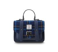 Islander Harris Tweed Mini Satchel, Handbag for Women, Flap and Microfiber Leather, Navy Tartan, 8 inches x 5.5 inches x 3.5 inches