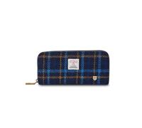 Islander HarrisTweed & PU Leather women’s long zip purse, Navy Tartan, Unisex