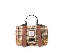 Islander Mini Satchel Bag - Natural Straw & Harris Tweed - Women’s Handbag with Top Handle, Strap & Zip Pocket, Beige Dogtooth