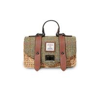 Islander Mini Satchel Bag - Natural Straw & Harris Tweed - Women’s Handbag with Top Handle, Strap & Zip Pocket, Chestnut Herringbone