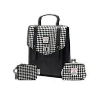 Islander Set from Harris Tweed Mini Carloway Backpack - Card Zip Wallet & Coin Purse Holiday Gift, Black and White Dogtooth, Medium
