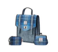 Islander Set from Harris Tweed Mini Carloway Backpack - Card Zip Wallet & Coin Purse Holiday Gift, Blue Tartan, Medium
