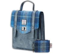 Islander Set from Harris Tweed Mini Carloway Backpack & Card Zip Wallet - Gift for Women, Blue Tartan, 7.87” x 3.54” x 9.84” and 4.33” x 2.75”