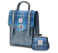 Islander Set from Harris Tweed Mini Carloway Backpack & Coin Purse - Stylish Compact Casual Bag, Gift for Women, Blue Tartan, 7.87" x 3.54" x 9.84" and 4.72" x 3.93", Casual