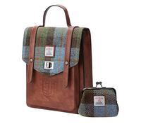 Islander Set from Harris Tweed Mini Carloway Backpack & Coin Purse - Stylish Compact Casual Bag, Gift for Women, Chestnut Blue Tartan, 7.87" x 3.54" x 9.84" and 4.72" x 3.93", Casual