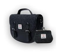 Islander Set from Harris Tweed Mini Cobble Satchel & Coin Purse Present, Black Herringbone, 8.66”x3.14”x7.48” and 4.72” L x 3.93”