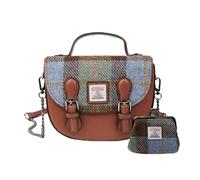 Islander Set from Harris Tweed Mini Cobble Satchel & Coin Purse Present, Chestnut Blue Tartan, 8.66”x3.14”x7.48” and 4.72” L x 3.93”