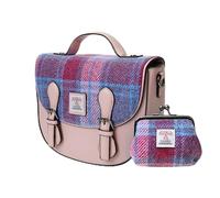 Islander Set from Harris Tweed Mini Cobble Satchel & Coin Purse Present, Pink Blue Tartan, 8.66”x3.14”x7.48” and 4.72” L x 3.93”
