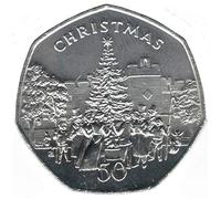 Isle Of Man [1982 IOM Xmas] Christmas 'Victorian Carol Singers Unc Large 50p 7 Side Coin with Capsule Holder