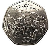 Isle Of Man [1984 IOM Xmas] Christmas Sutherland Stream Train Unc Large 50p 7 Side Coin with Capsule Holder