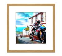 Isle of Man Tt Races Motorbike Motorsport Watercolour Street Scene Square Wooden Framed Wall Art Print Picture 8X8 Inch Artery8 Light Oak One Size