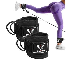 Islero PAIR of Double D Ring Ankle Cuffs Weight Lifting Leg Workout Pulley Cable Machines attachment Hook Gym Straps Neoprene padded support wraps Bodybuilding SOLD AS PAIR (Matte Black)