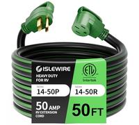 ISLEWIRE - 15ft 50 Amp RV/EV Extension Cord with Grip Handle, 6/3+8/1 Gauge Heavy Duty Power Cord STW 4 Prong, NEMA 14-50P/R with Cord Organizer for Tesla Model 3/S/X/Y, Black & Green, ETL Listed
