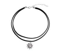 ISLHJDD Silver Sun Choker Boho Layered Suede Choker Necklace Short Sun Pendant Necklace Double Layer Black Cord Collar Necklace Chain Baroque Necklace for Women