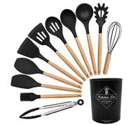 Ismosm Cooking Utensils Set of 12 Silicone Kitchen Utensils With Solid Wood Handles and a Holder Bucket (Black)