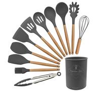 Ismosm Cooking Utensils Set of 12 Silicone Kitchen Utensils With Solid Wood Handles and a Holder Bucket (Dark Gray)